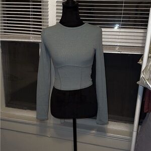 Gray Long Sleeve Fitted Crop Bodysuit with Crew Neck